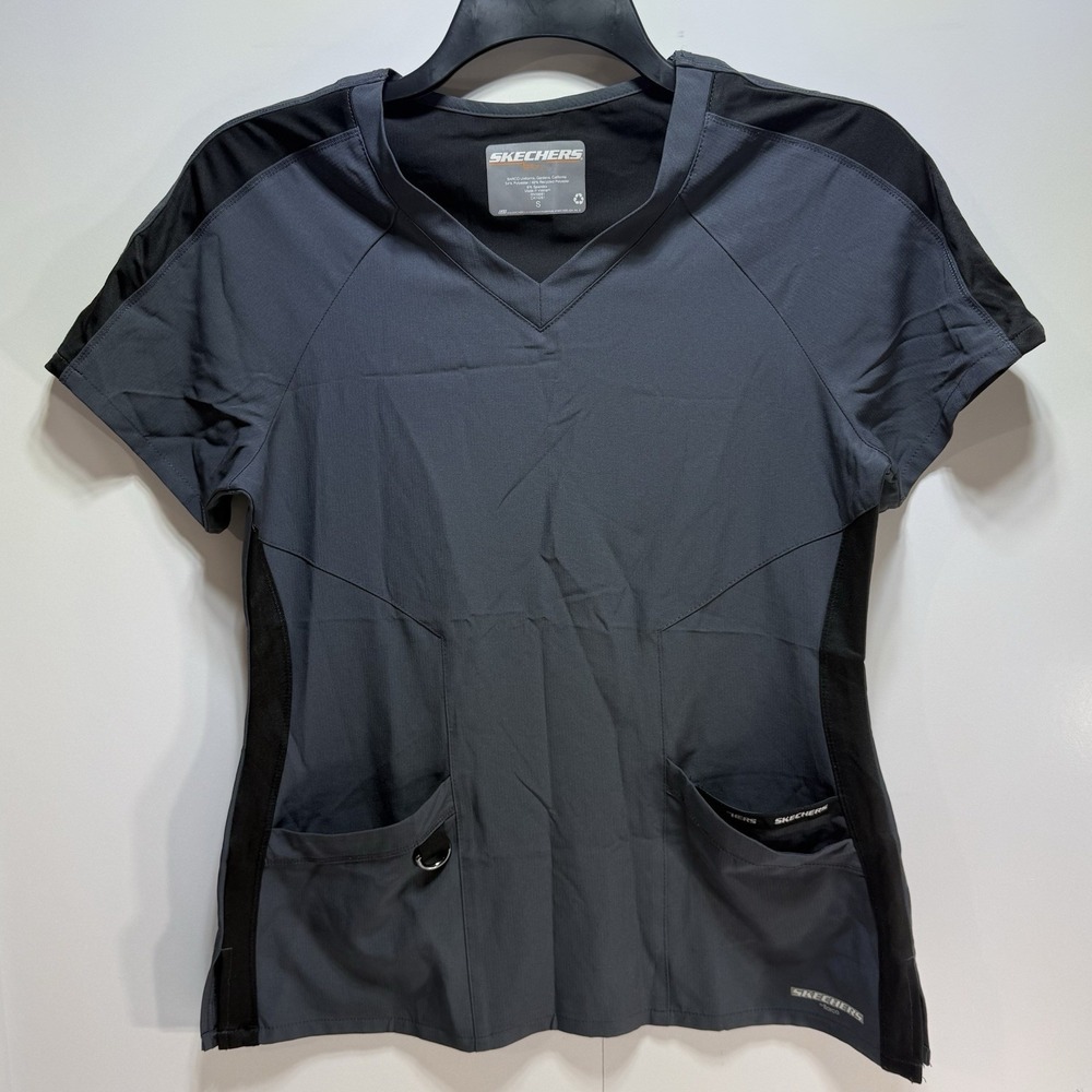 Sketchers Barco Uniform Top Scrubs 3 Pocket Active Stretch Womens S Gray & Black